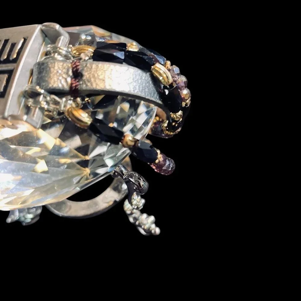 GWM Leather‎ Wrap Bracelet Black Gold Beaded Adjustable Logo Jewelry Boho Street